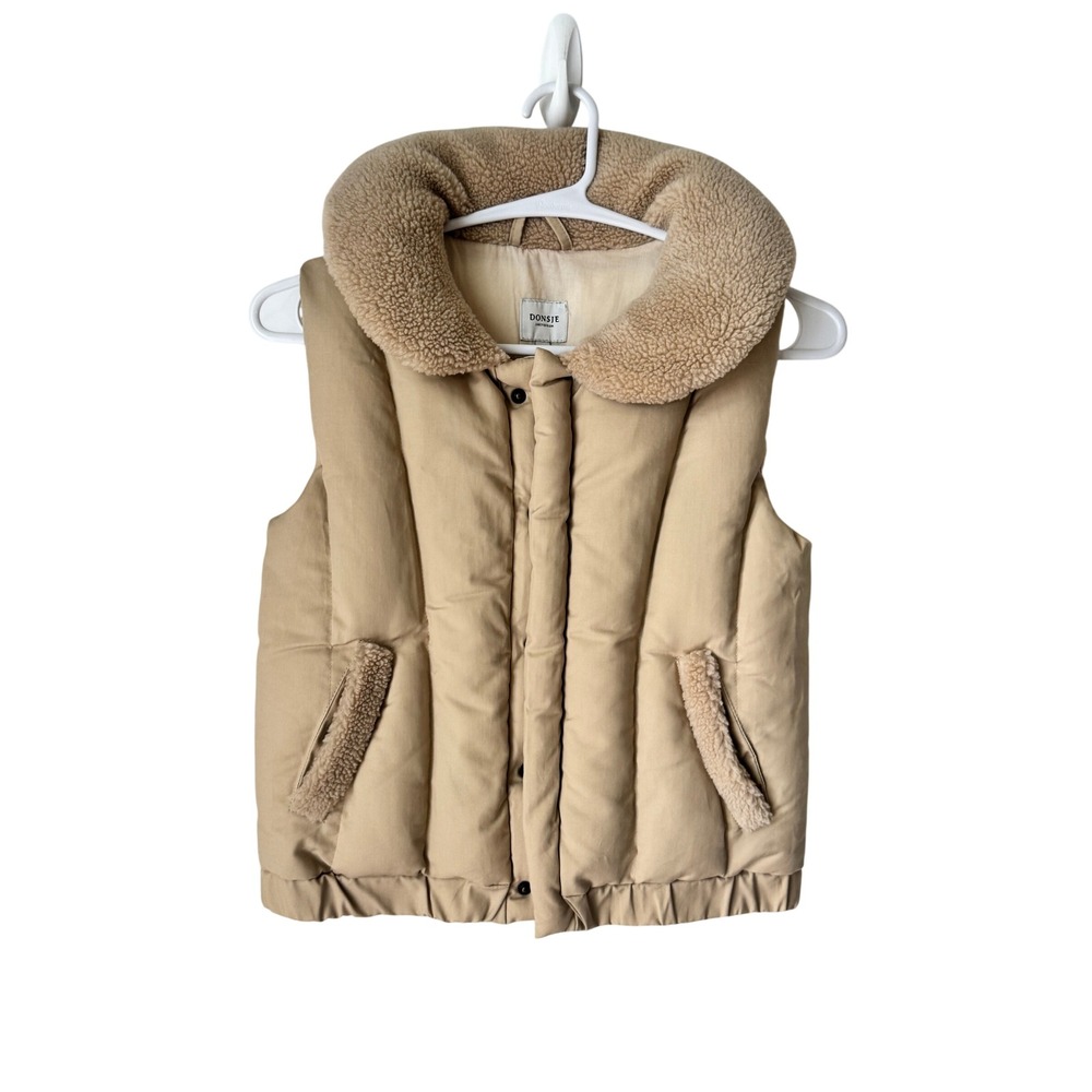 Donsje Amsterdam Kids Tan Puffer Vest Shearling Collar Beige Size 6-7Y